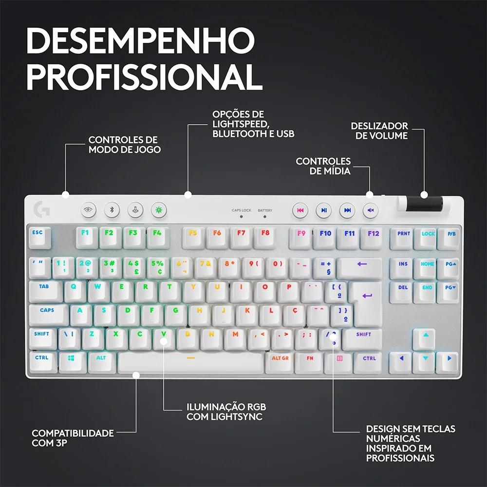 Teclado Mecânico Gamer Sem Fio Logitech G Pro X TKL RGB Lightsync Switch GX Brown Tactile US Branco 920-012143 - Imagem 4