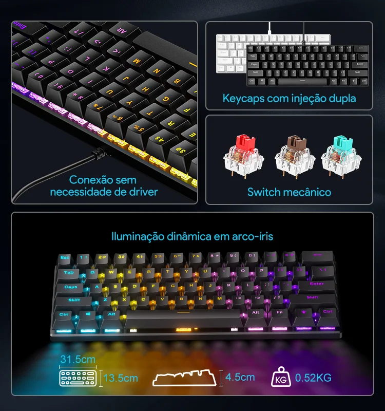 Teclado Mecânico Gamer Furycube BD61 60% Switch Azul Preto - Imagem 2