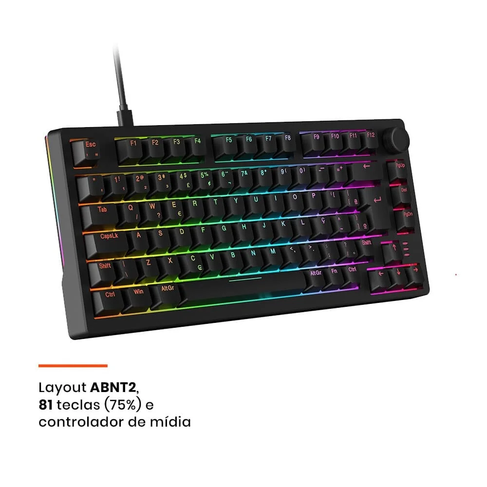 Teclado Mecânico Gamer Sem Fio Husky Nomadic RGB Switch Gateron G Pro Brown Bluetooth ABNT2 Preto HTG800PTMA - Imagem 2