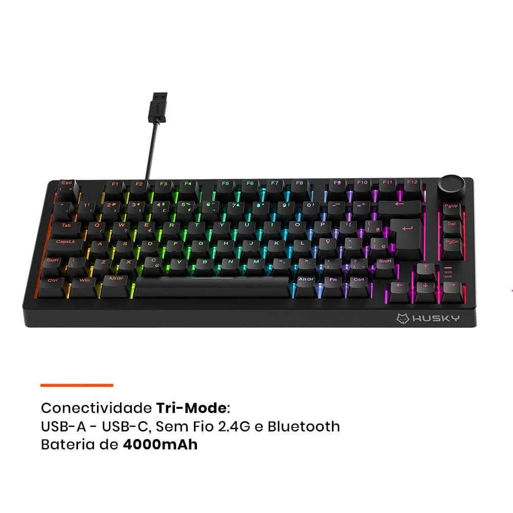 Teclado Mecânico Gamer Sem Fio Husky Nomadic RGB Switch Gateron G Pro Brown Bluetooth ABNT2 Preto HTG800PTMA - Imagem 3