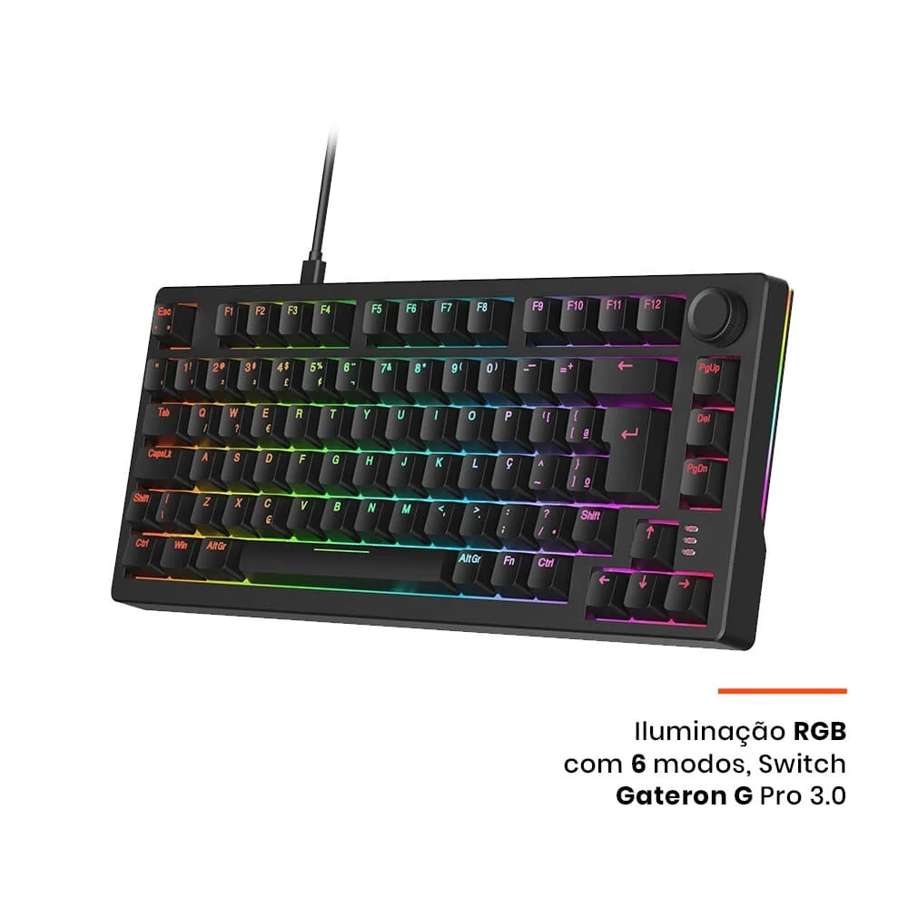 Teclado Mecânico Gamer Sem Fio Husky Nomadic RGB Switch Gateron G Pro Red Bluetooth ABNT2 Preto HTG800PTVR - Imagem 4